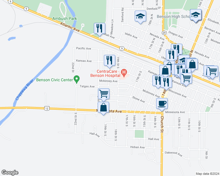 map of restaurants, bars, coffee shops, grocery stores, and more near 2025 Mckinney Avenue in Benson