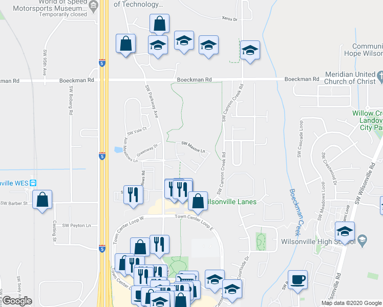 map of restaurants, bars, coffee shops, grocery stores, and more near 8195 Southwest Maxine Lane in Wilsonville