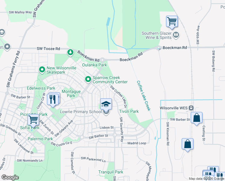 map of restaurants, bars, coffee shops, grocery stores, and more near 28551 Southwest Coffee Lake Drive in Wilsonville