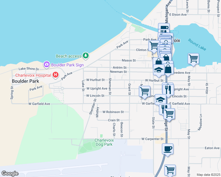 map of restaurants, bars, coffee shops, grocery stores, and more near 399 W Upright Ave in Charlevoix