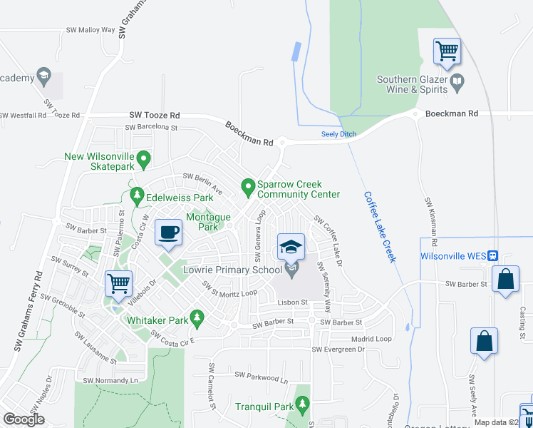 map of restaurants, bars, coffee shops, grocery stores, and more near 28660 Southwest Geneva Loop in Wilsonville