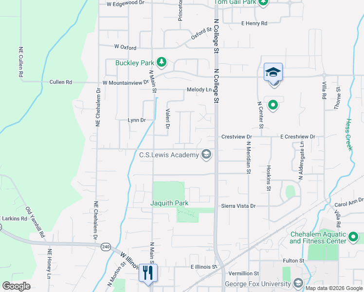map of restaurants, bars, coffee shops, grocery stores, and more near 1813 North Page Court in Newberg