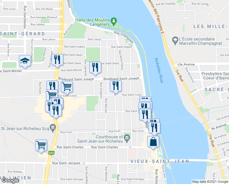 map of restaurants, bars, coffee shops, grocery stores, and more near 420 Rue Laurier in Saint-Jean-sur-Richelieu