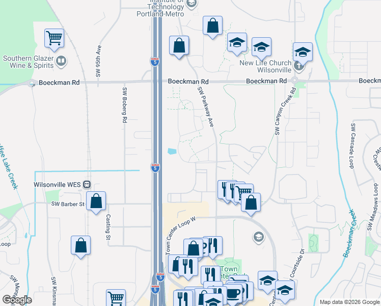 map of restaurants, bars, coffee shops, grocery stores, and more near 28587 Greenway Drive in Wilsonville