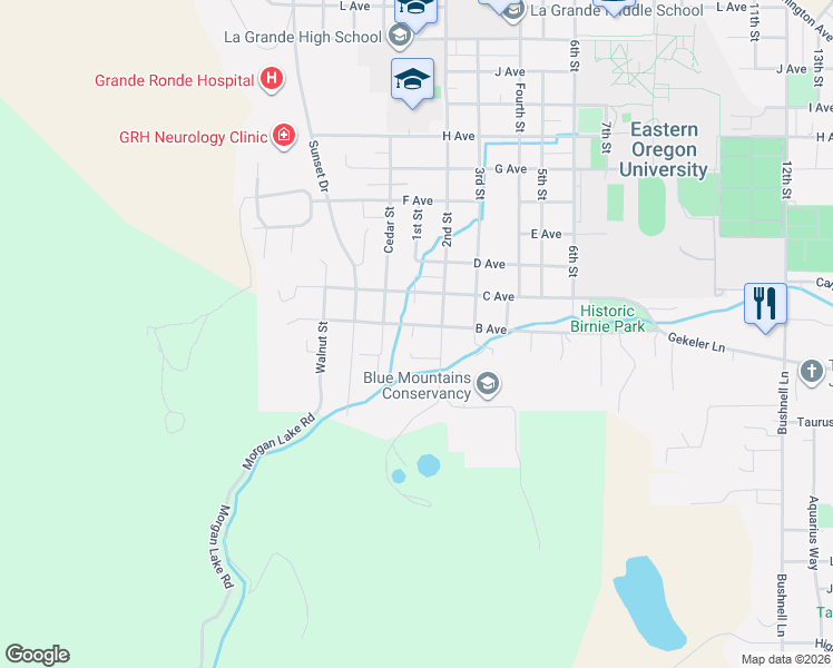 map of restaurants, bars, coffee shops, grocery stores, and more near 702 B Avenue in La Grande