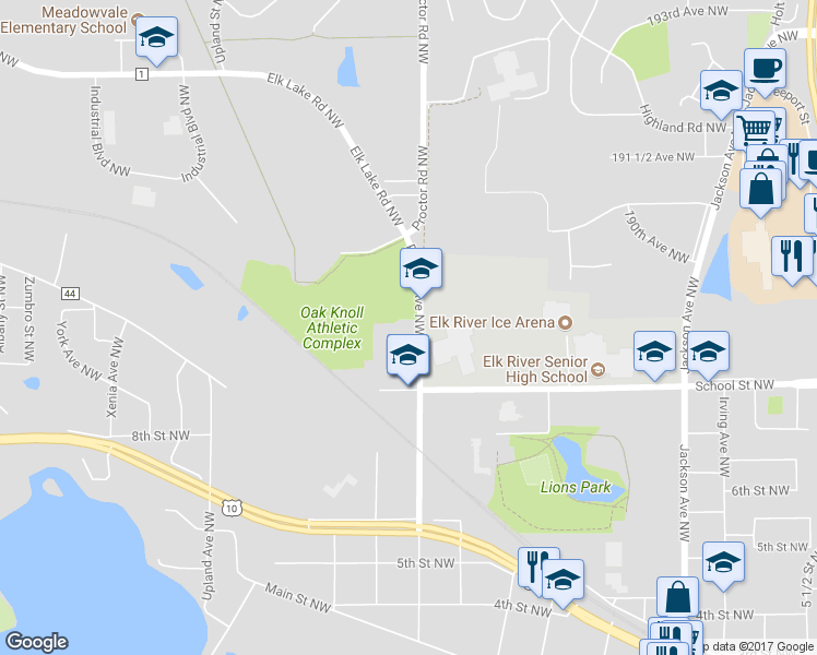 map of restaurants, bars, coffee shops, grocery stores, and more near 961 Proctor Avenue Northwest in Elk River