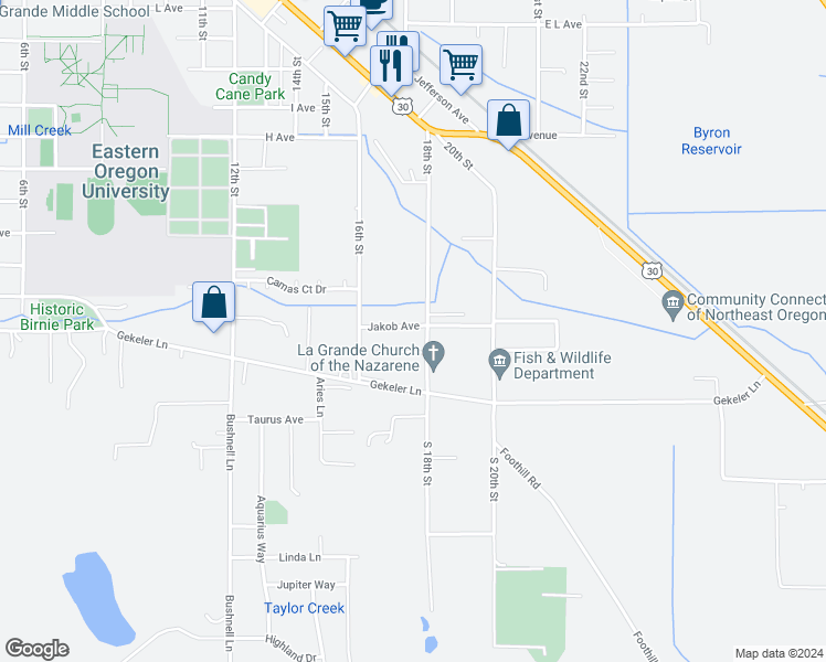 map of restaurants, bars, coffee shops, grocery stores, and more near 2224 Jakob Avenue in La Grande