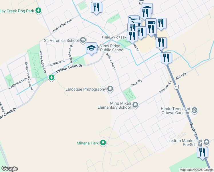 map of restaurants, bars, coffee shops, grocery stores, and more near 126 Helen Rapp Way in Ottawa
