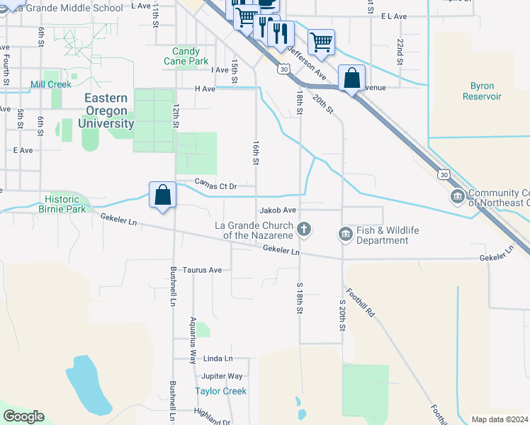 map of restaurants, bars, coffee shops, grocery stores, and more near 2206 Jakob Avenue in La Grande