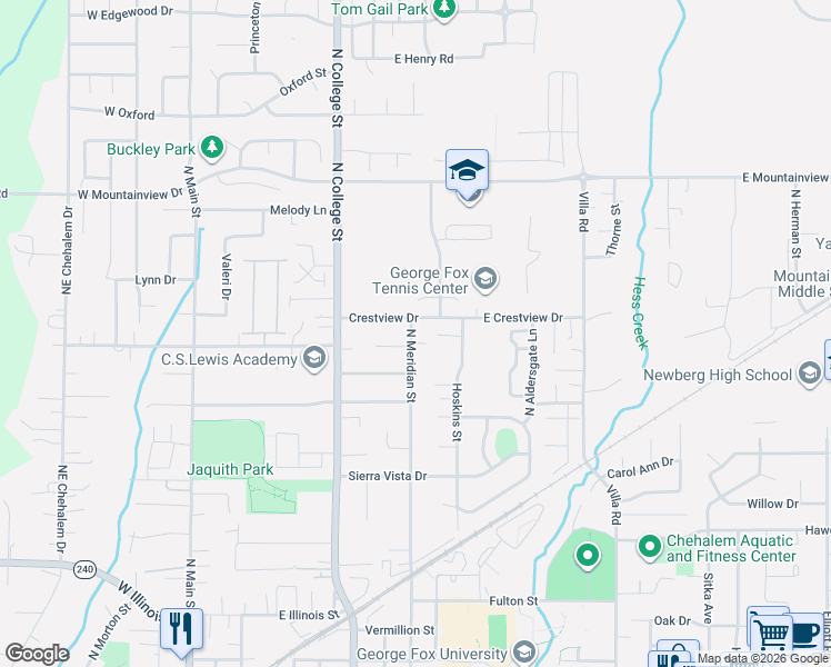 map of restaurants, bars, coffee shops, grocery stores, and more near 1704 North Meridian Street in Newberg