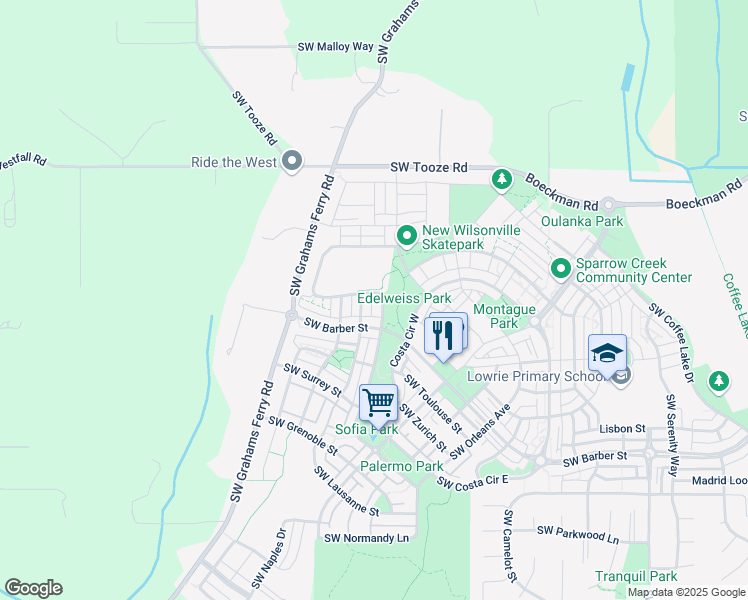 map of restaurants, bars, coffee shops, grocery stores, and more near 12166 Southwest Palermo Street in Wilsonville