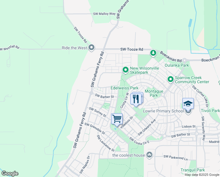 map of restaurants, bars, coffee shops, grocery stores, and more near 12158 Southwest Lausanne Street in Wilsonville