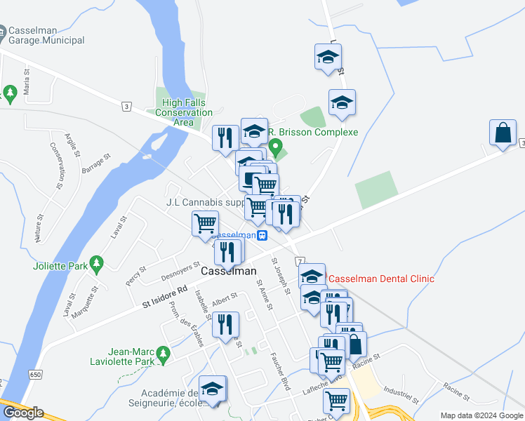 map of restaurants, bars, coffee shops, grocery stores, and more near 669 Cartier Street in Casselman