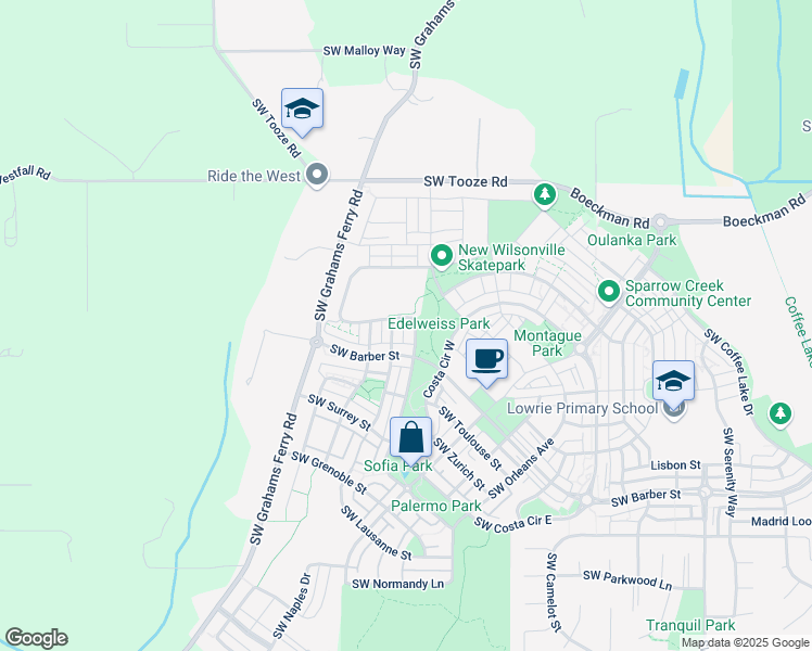 map of restaurants, bars, coffee shops, grocery stores, and more near 12166 Southwest Palermo Street in Wilsonville