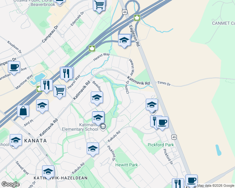 map of restaurants, bars, coffee shops, grocery stores, and more near 10 Amundsen Crescent in Ottawa