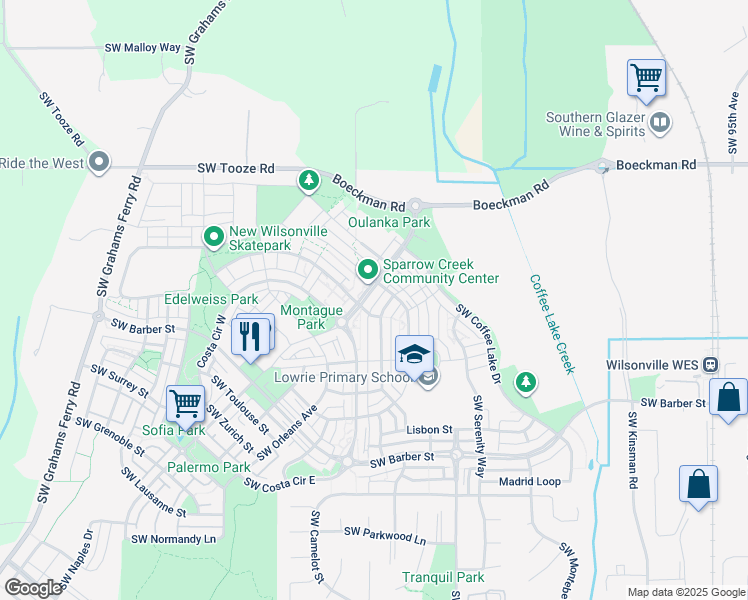 map of restaurants, bars, coffee shops, grocery stores, and more near 28552 Southwest Villebois Drive North in Wilsonville