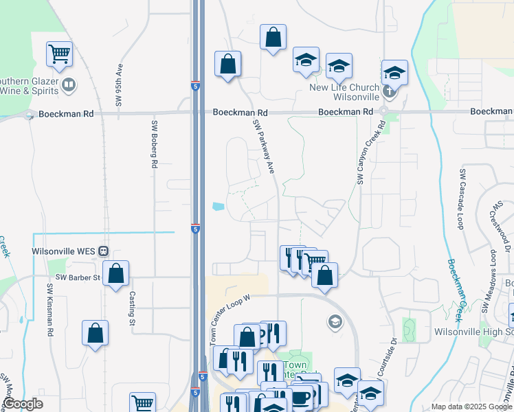 map of restaurants, bars, coffee shops, grocery stores, and more near Greenway Drive in Wilsonville