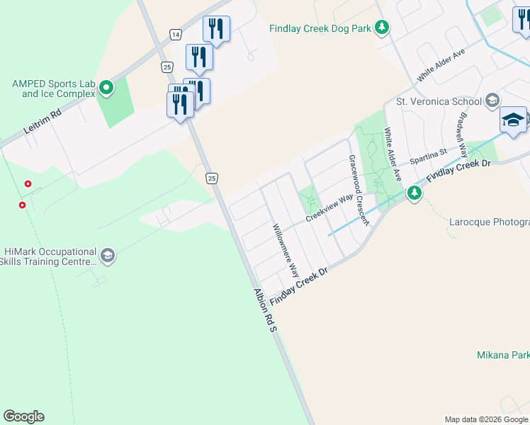 map of restaurants, bars, coffee shops, grocery stores, and more near 703 Willowmere Way in Ottawa