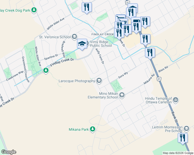map of restaurants, bars, coffee shops, grocery stores, and more near 126 Helen Rapp Way in Ottawa