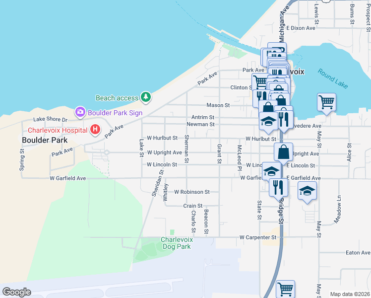 map of restaurants, bars, coffee shops, grocery stores, and more near 401 West Upright Street in Charlevoix