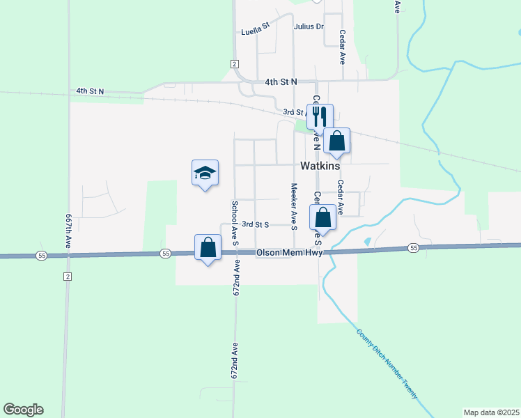 map of restaurants, bars, coffee shops, grocery stores, and more near 221 Western Avenue South in Watkins