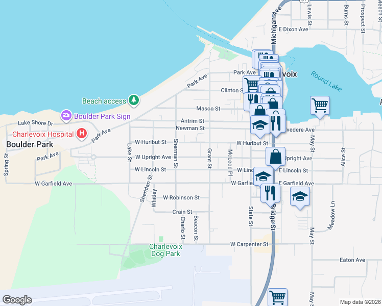 map of restaurants, bars, coffee shops, grocery stores, and more near 347-399 W Upright Ave in Charlevoix