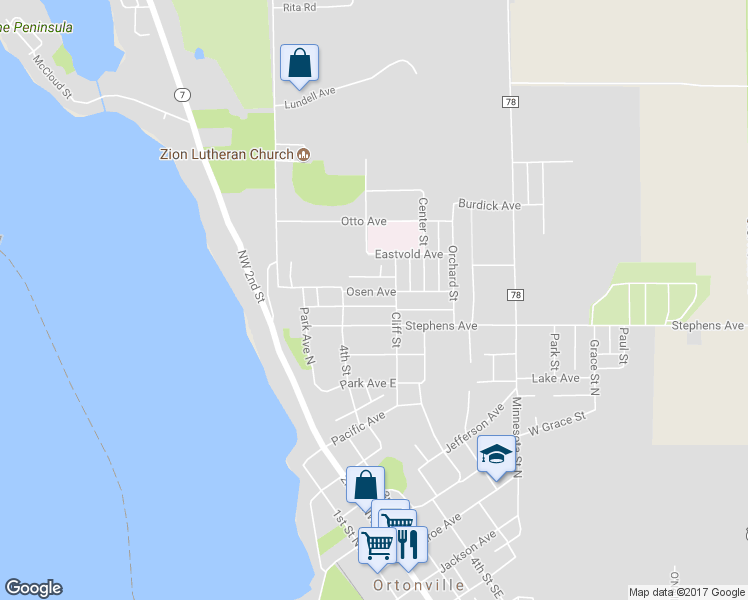 map of restaurants, bars, coffee shops, grocery stores, and more near 424 Osen Avenue in Ortonville