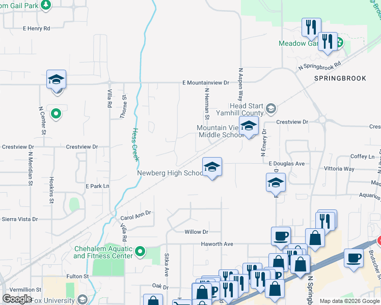 map of restaurants, bars, coffee shops, grocery stores, and more near Crestview Drive in Newberg