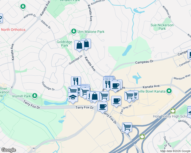 map of restaurants, bars, coffee shops, grocery stores, and more near 130 Macassa Circle in Ottawa