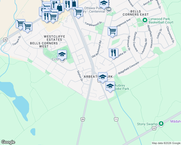 map of restaurants, bars, coffee shops, grocery stores, and more near in Ottawa