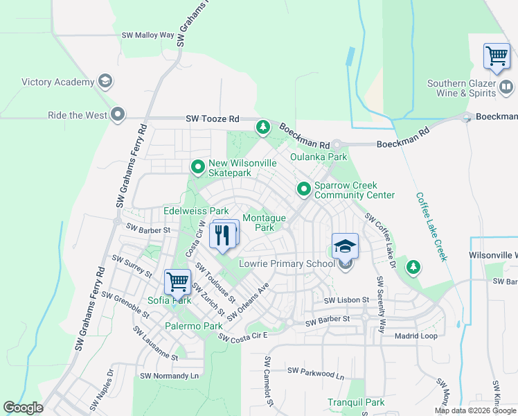 map of restaurants, bars, coffee shops, grocery stores, and more near 29087 Southwest Costa Circle West in Wilsonville