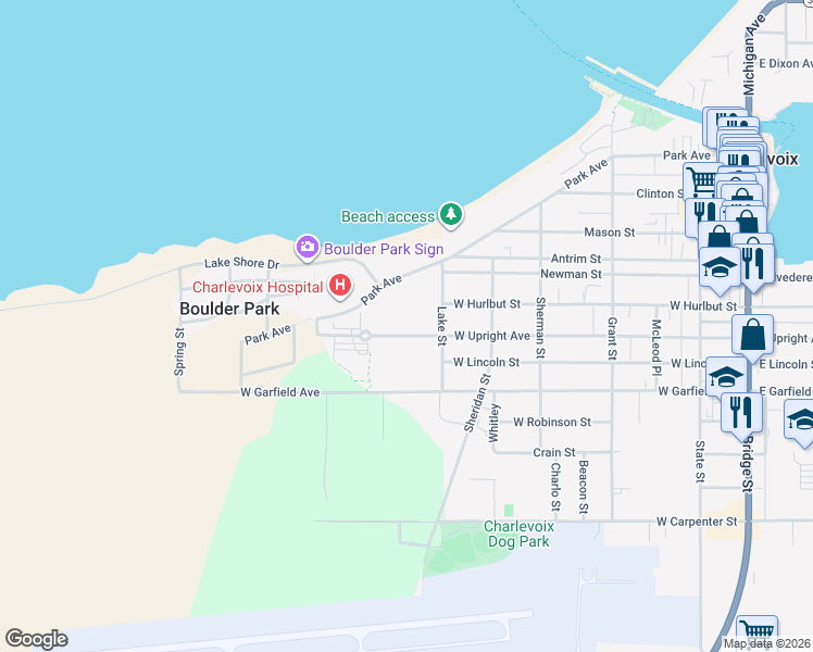 map of restaurants, bars, coffee shops, grocery stores, and more near 14591 West Upright Avenue in Charlevoix