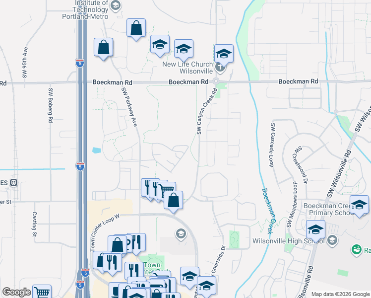 map of restaurants, bars, coffee shops, grocery stores, and more near 8105 Ryber Road in Wilsonville