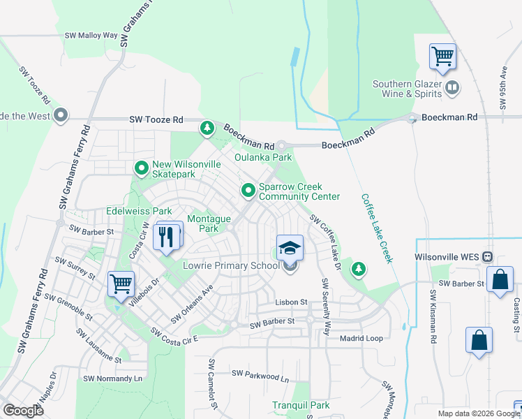 map of restaurants, bars, coffee shops, grocery stores, and more near 10899 Southwest Stockholm Drive in Wilsonville