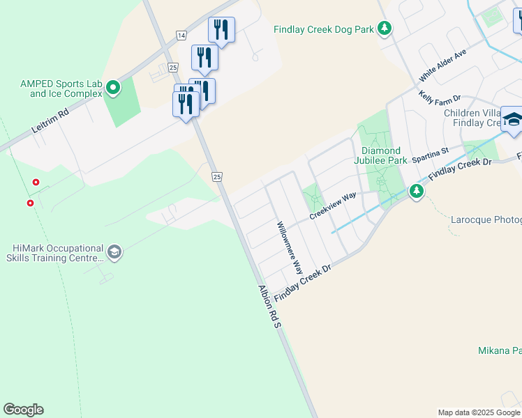 map of restaurants, bars, coffee shops, grocery stores, and more near 990 Bunchberry Way in Ottawa