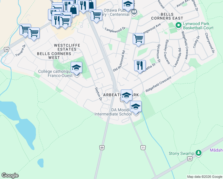 map of restaurants, bars, coffee shops, grocery stores, and more near in Ottawa
