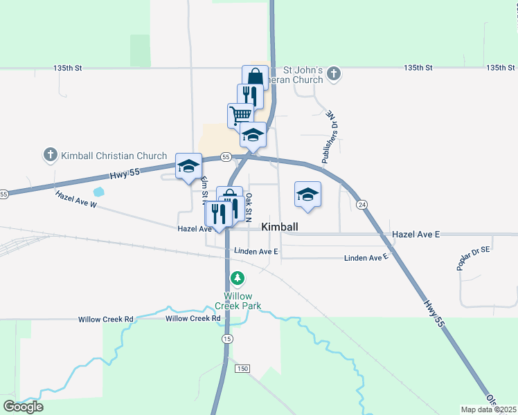 map of restaurants, bars, coffee shops, grocery stores, and more near 44 Oak Street North in Kimball