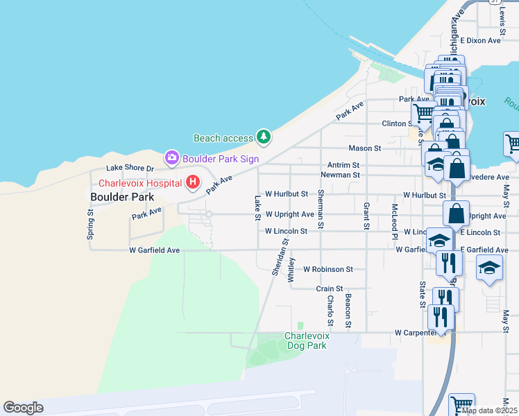 map of restaurants, bars, coffee shops, grocery stores, and more near 601 West Upright Avenue in Charlevoix