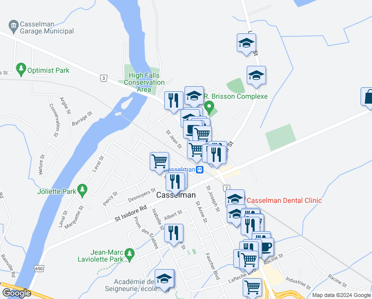 map of restaurants, bars, coffee shops, grocery stores, and more near 738 Saint Jean Street in Casselman
