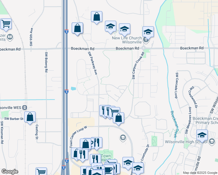 map of restaurants, bars, coffee shops, grocery stores, and more near 8352 Southwest Maxine Lane in Wilsonville