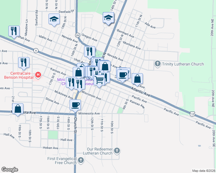 map of restaurants, bars, coffee shops, grocery stores, and more near 1199 Pacific Avenue in Benson
