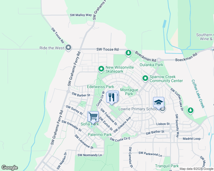 map of restaurants, bars, coffee shops, grocery stores, and more near Southwest Paris Avenue in Wilsonville