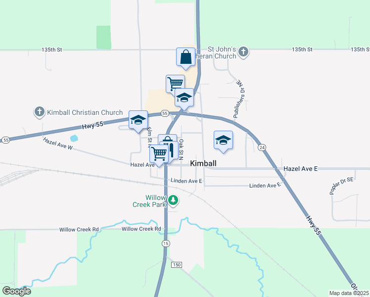 map of restaurants, bars, coffee shops, grocery stores, and more near 44 Oak Street North in Kimball