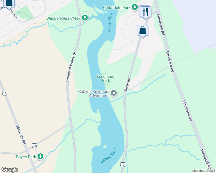map of restaurants, bars, coffee shops, grocery stores, and more near 348 River Road in Ottawa