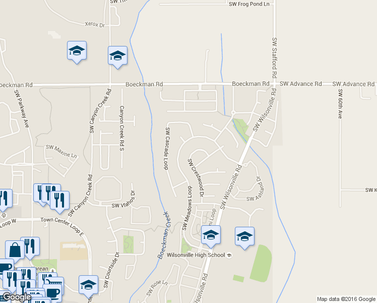map of restaurants, bars, coffee shops, grocery stores, and more near 28645 Southwest Crestwood Drive in Wilsonville