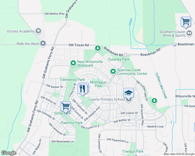 map of restaurants, bars, coffee shops, grocery stores, and more near 29087 Southwest Costa Circle West in Wilsonville