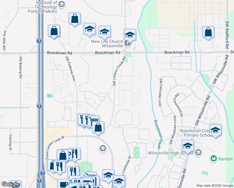 map of restaurants, bars, coffee shops, grocery stores, and more near 28421 Southwest Morningside Avenue in Wilsonville