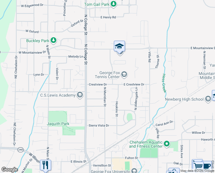 map of restaurants, bars, coffee shops, grocery stores, and more near 900 Crestview Drive in Newberg