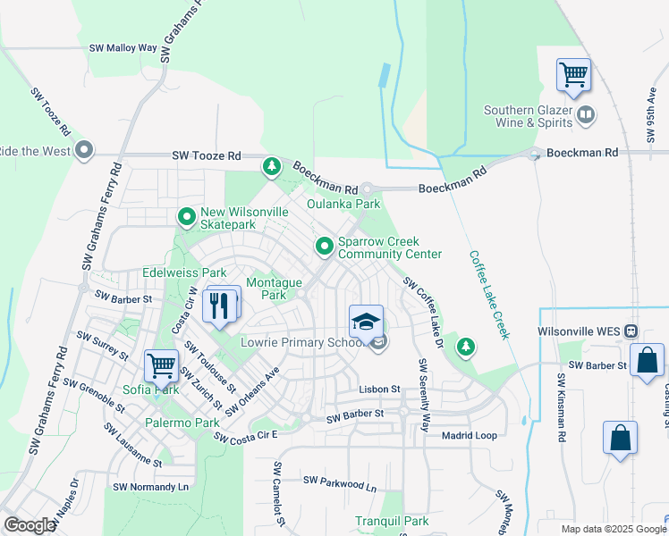 map of restaurants, bars, coffee shops, grocery stores, and more near 28552 Southwest Villebois Drive North in Wilsonville