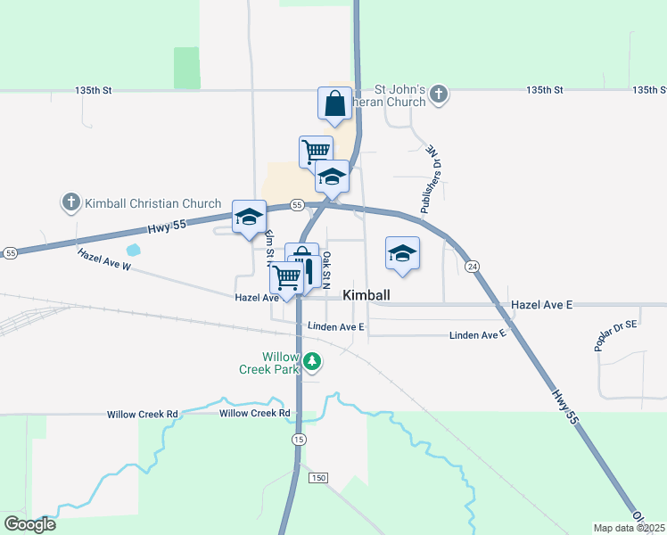 map of restaurants, bars, coffee shops, grocery stores, and more near 44 Oak Street North in Kimball
